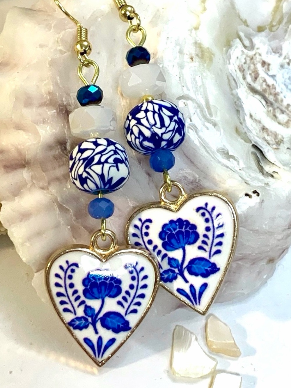 Blue Calico Czech Heart Beaded Earrings